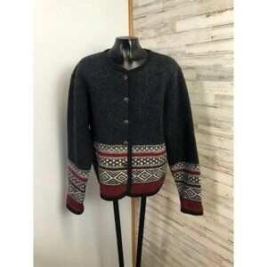 Vintage Tally Ho Fair Isle Wool Sweater Sz. Medium Grey Red Button Front Cardiga